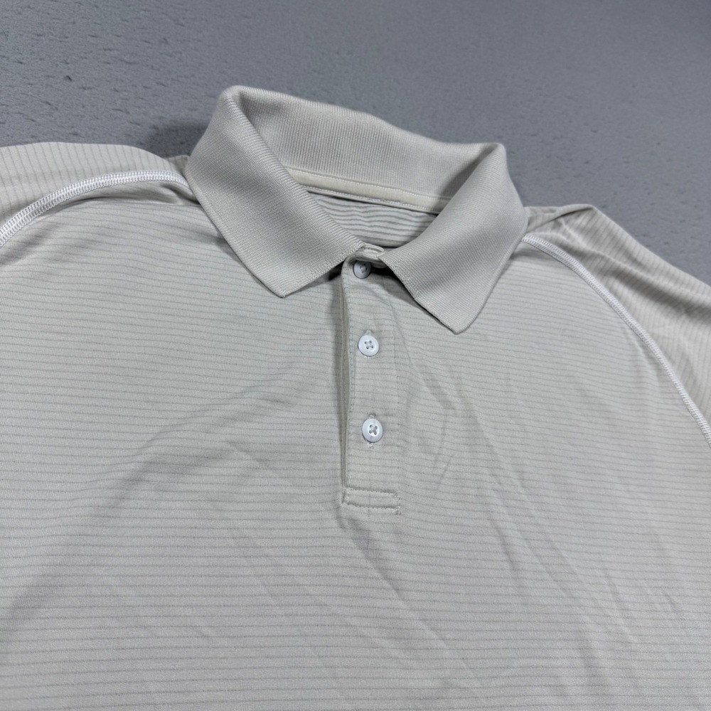 Lululemon Metal Vent Tech Polo Shirt Men Beige Tan Striped Short Sleeve Training
